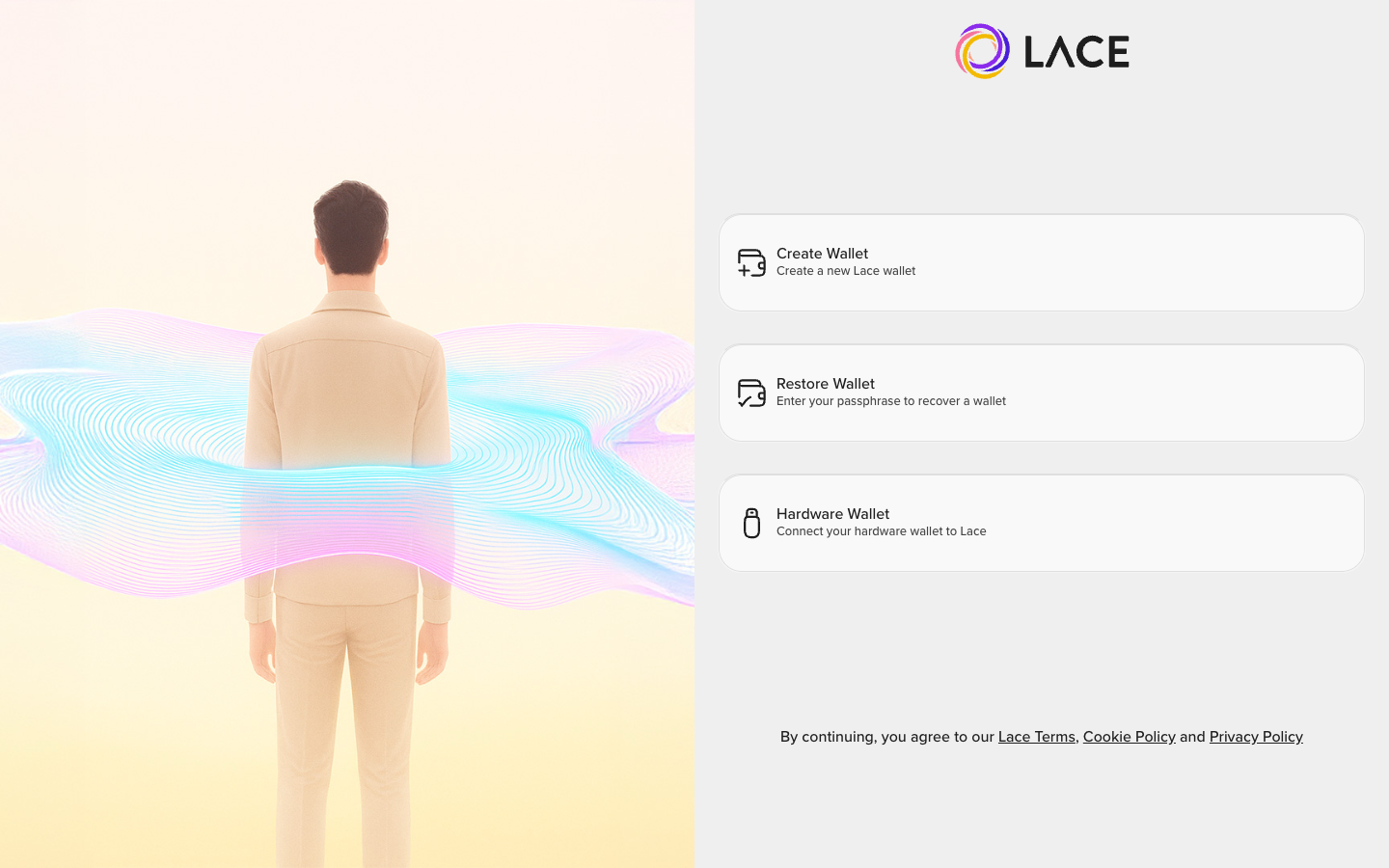 Lace 首次打开：创建新钱包 / 导入钱包 / 硬件钱包